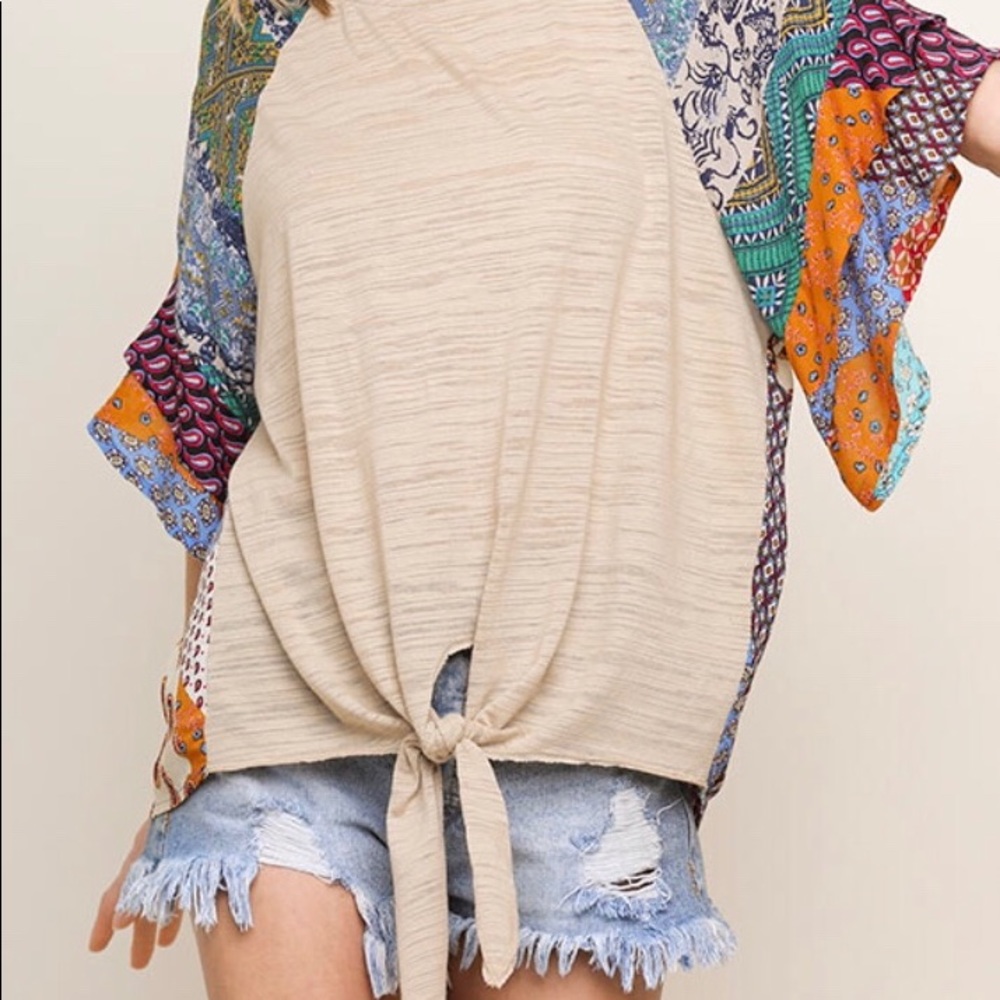 Mixed Print Knit Top w/waist tie